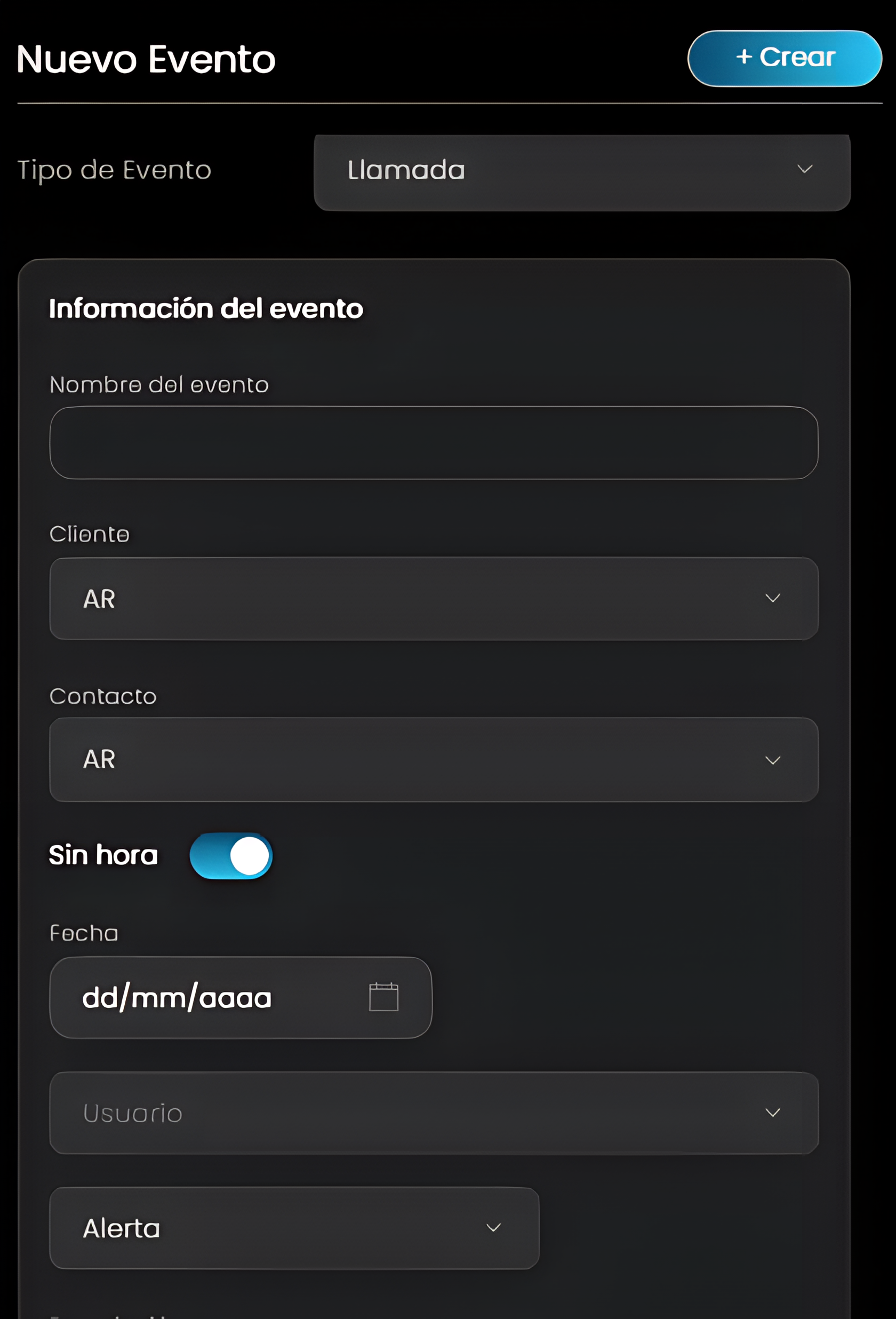 Creación de evento