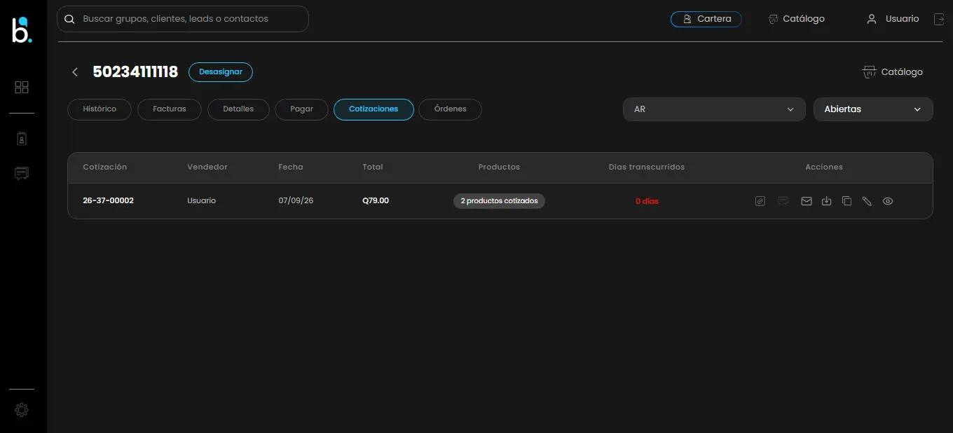 Dashboard de las cotizaciones de un cliente