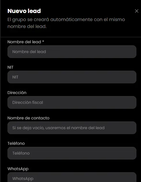 Proceso de creación de un nuevo lead