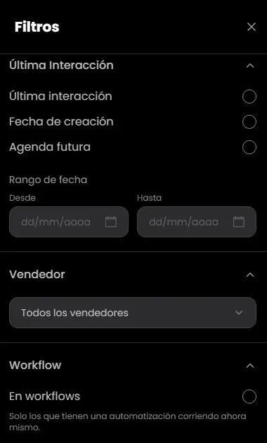 Apartado de filtros