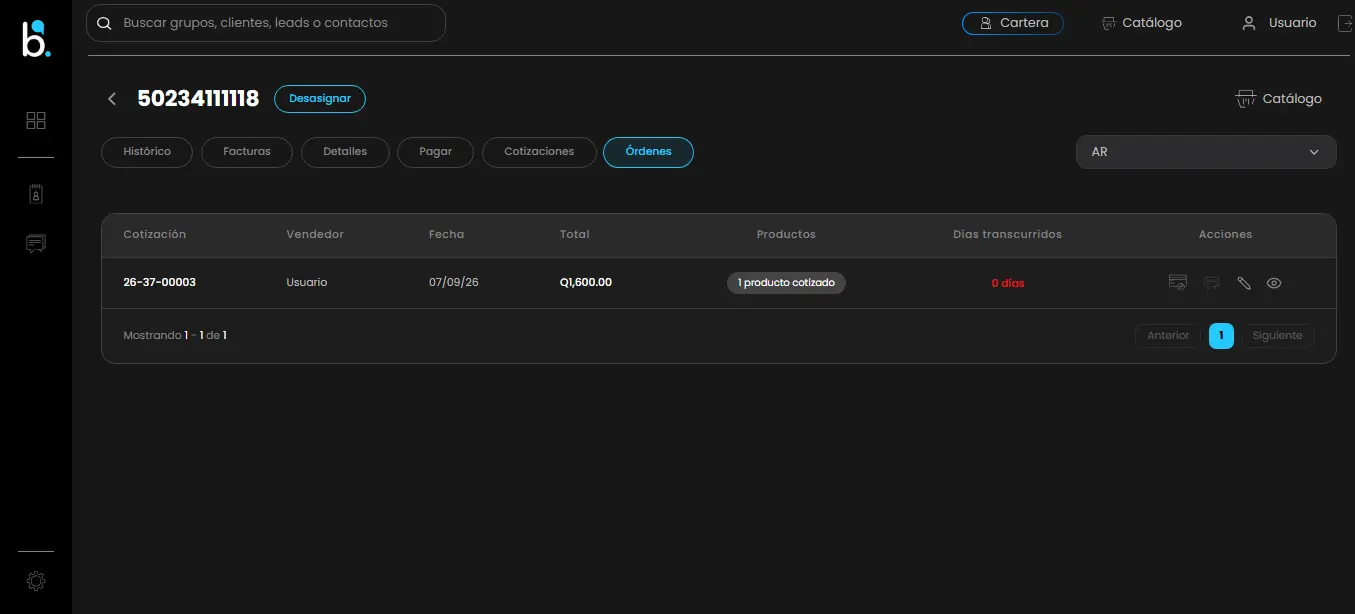 Dashboard de las órdenes de un cliente