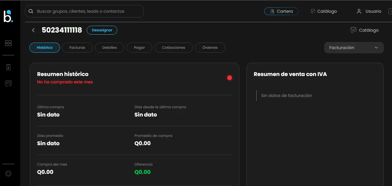Dashboard del apartado de un cliente